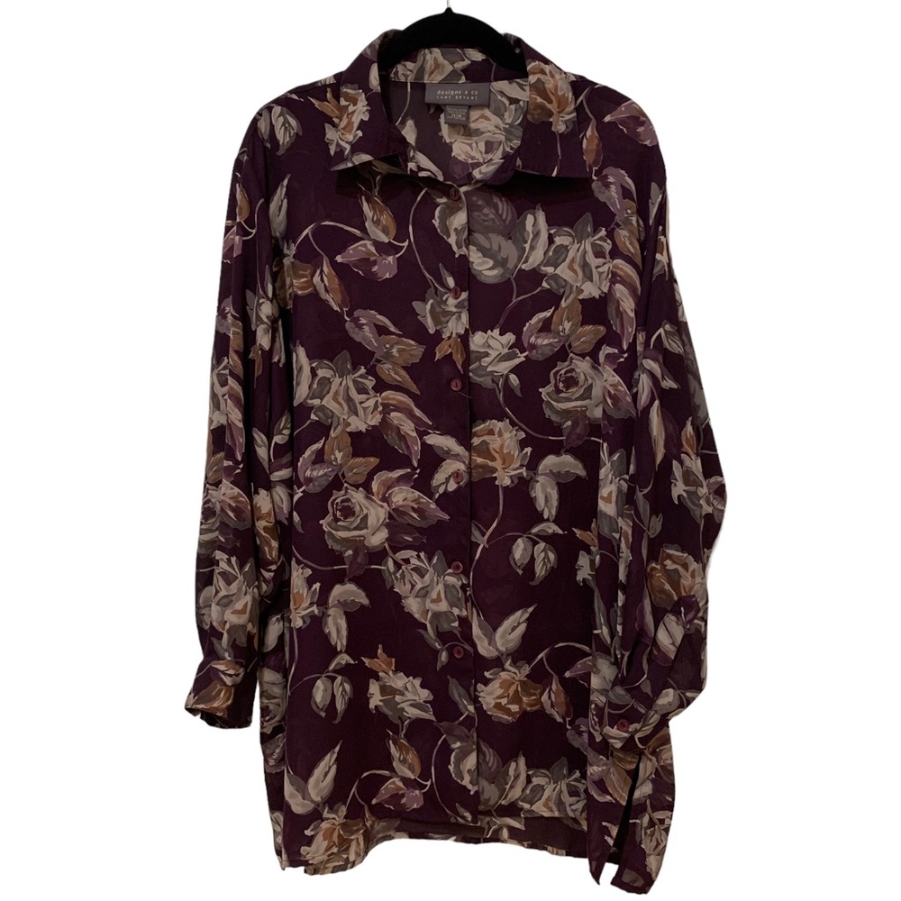 Lane Bryant Designs & Co Purple Floral Button Down Long Sleeve Blouse Sz 14/16
